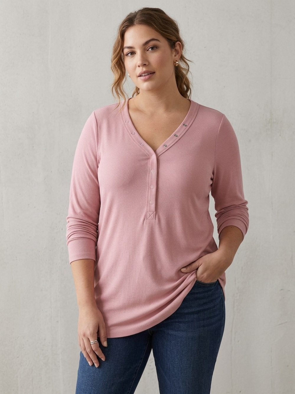 torrid Dusty Pink V‑Neck Snap Henley Long Sleeve Top